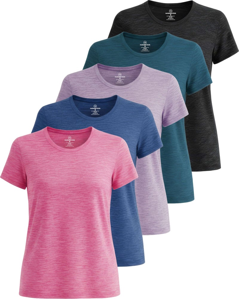 REALESSENTIALS Real Essentials 5 Pack: Women's Short Sleeve T-Shirts Workout Tops Fitness Pilates Gym Activewear Athletic (Plus Available), Set 7, M, Pack of 5 - Image 1